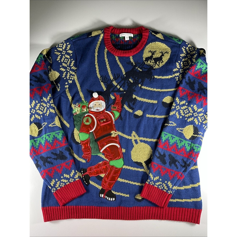Celebrate Together Ugly Christmas Sweater Santa Bells Space 2XL Holiday Party
